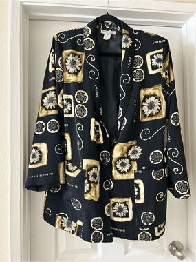 Kensington Square Black & Gold Floral-Print Blazer Jacket - Women